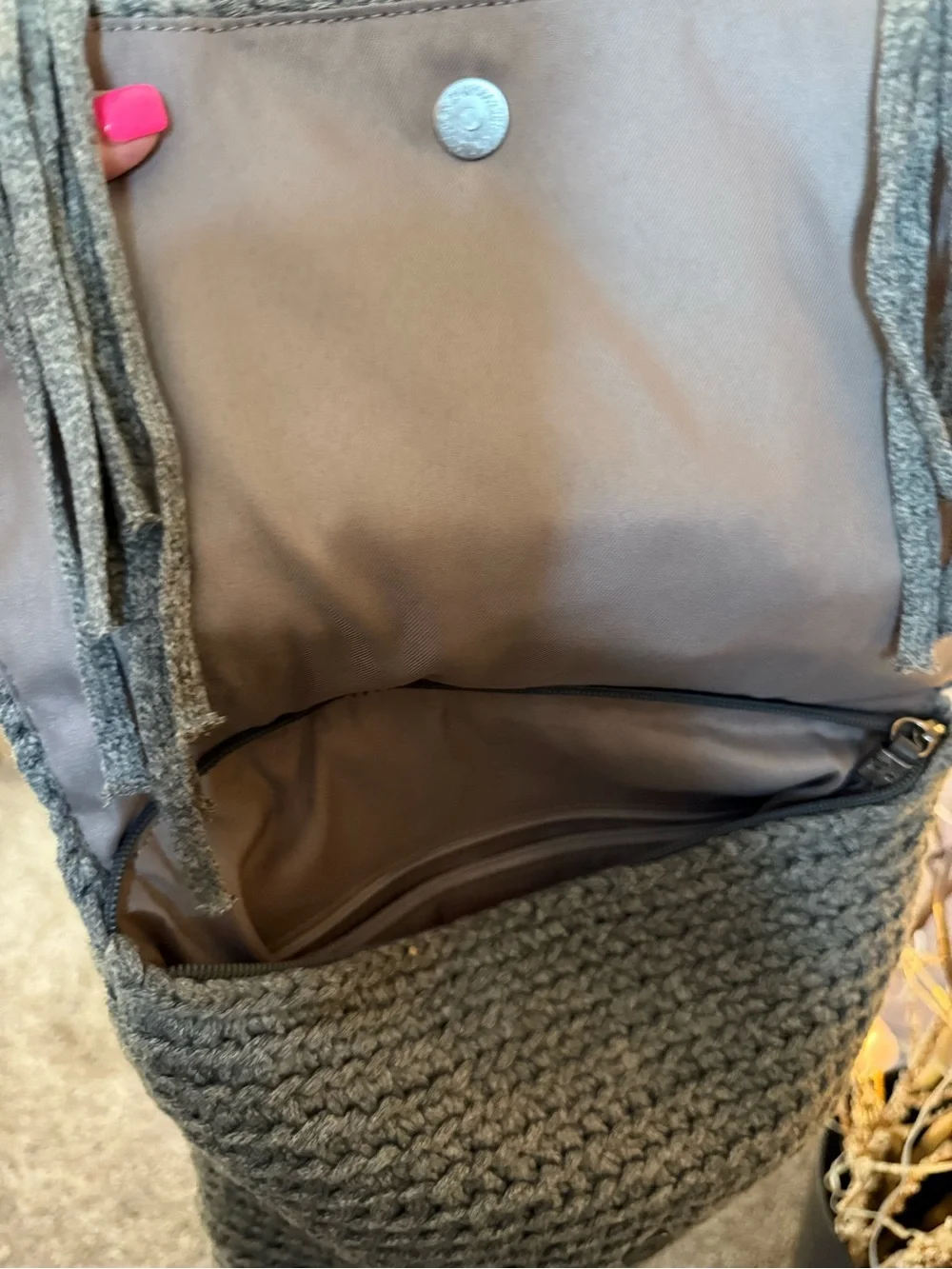 The Sak Gray Knit Backpack with Dark Brown Straps